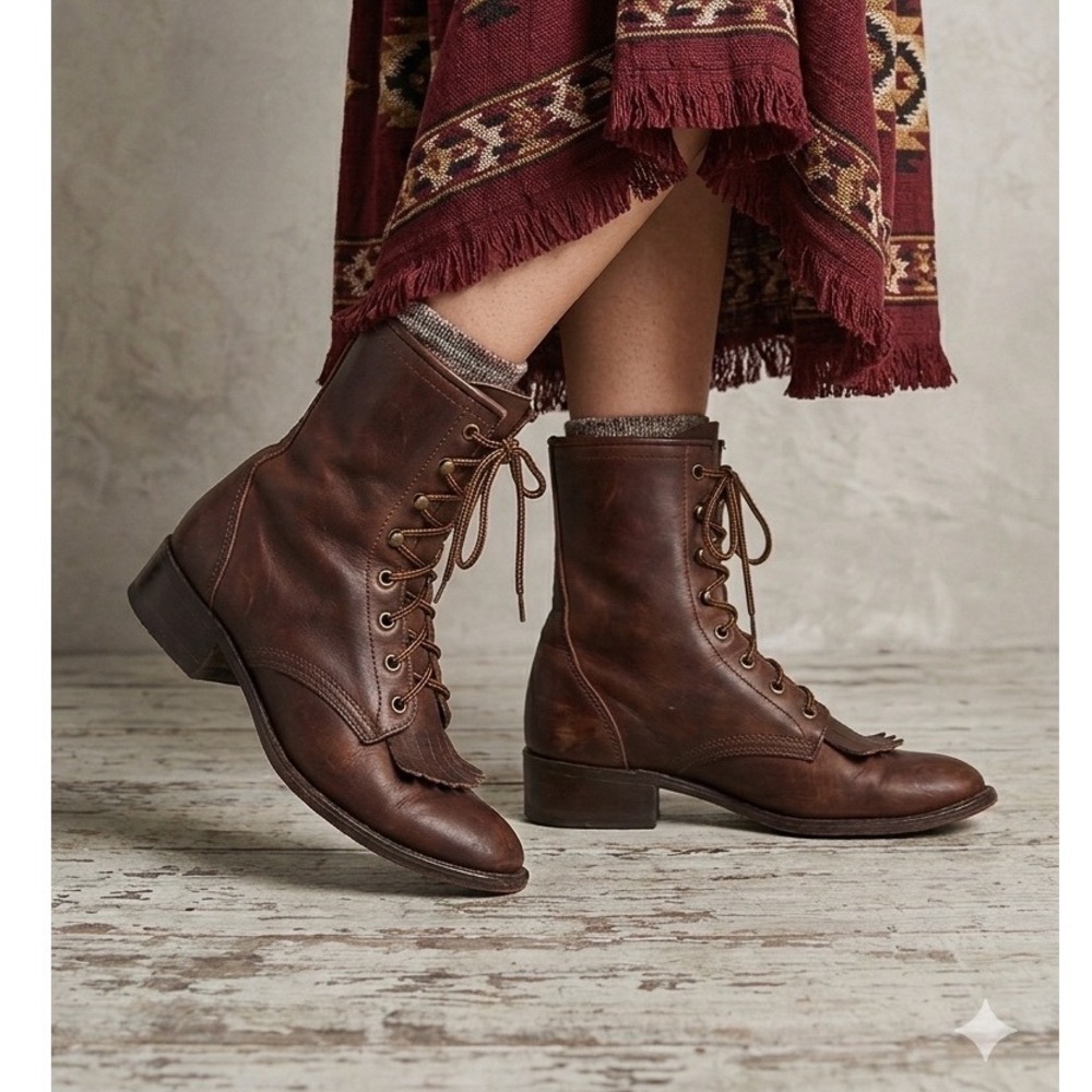 Laredo Lace Up Packer Boots Kiltie Women Size 8M Fringe Western Brown Leather